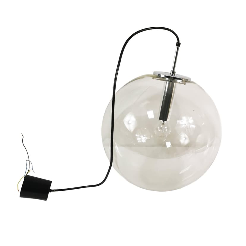 Pendant lamp globe 38 cm, transparent glass, polished steel silver, Limburg, Germany, 1970s.