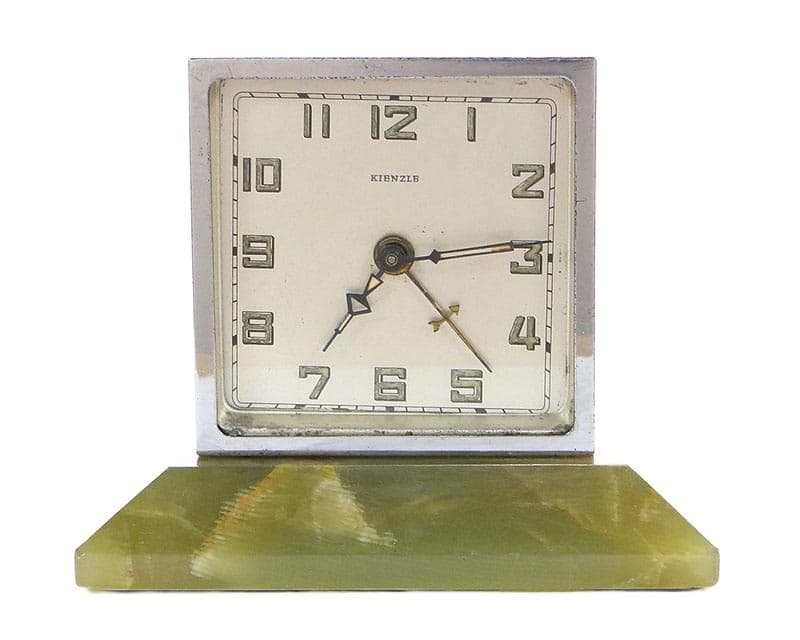 Zegar stołowy Art Deco, srebrny onyks zielono-żółty, mosiądz chromowany onyks, Kienzle, Niemcy, lata 20.