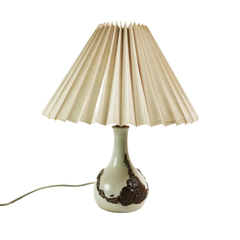 Table Lamp Mid Century, beige brown ceramic, cream fabric, Denmark, 1960s