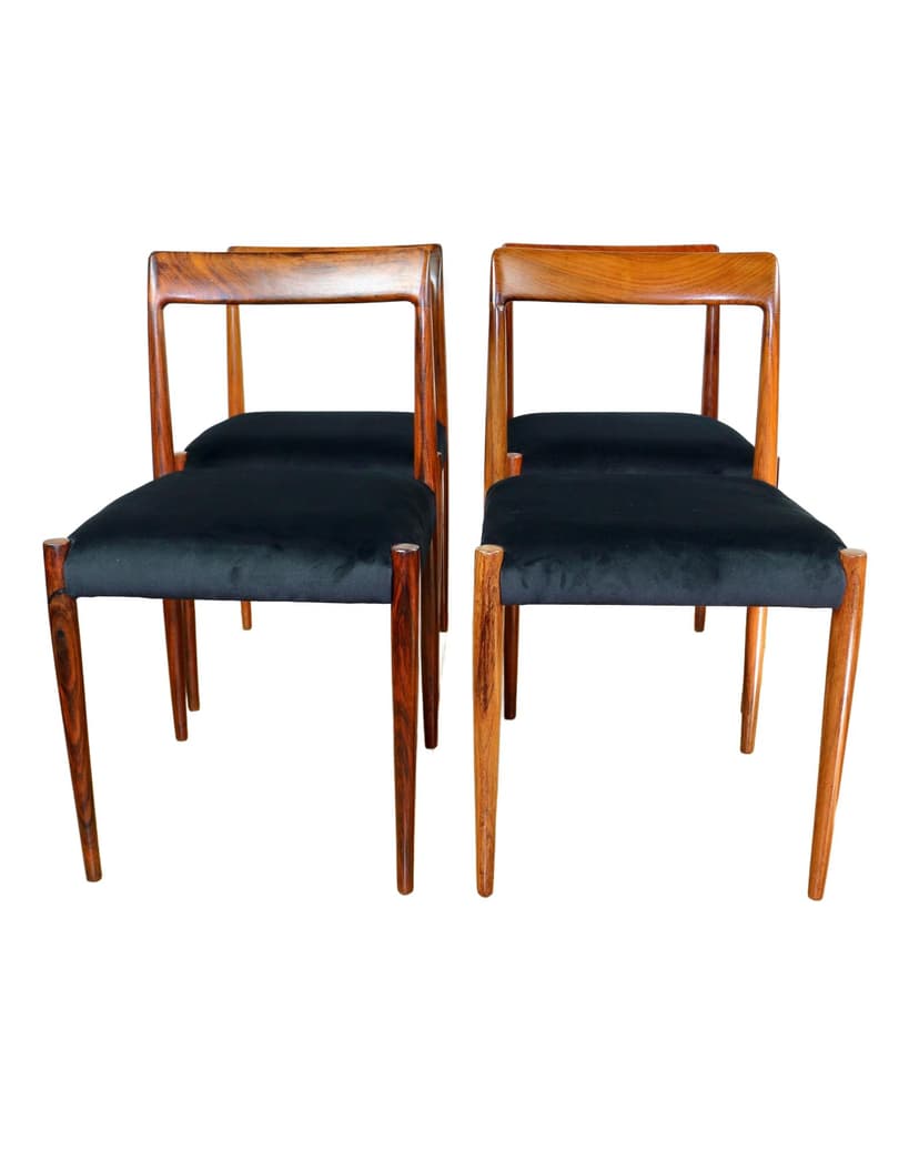 Set of four chairs, black velvet, walnut, Germany, 1970s.
