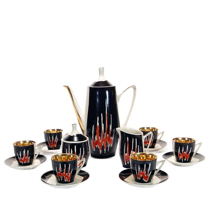 Coffee set Opole, black red white gold porcelain, by L. Kokoszka-Kowalska, K. Kowalski, Poland, 1960s.
