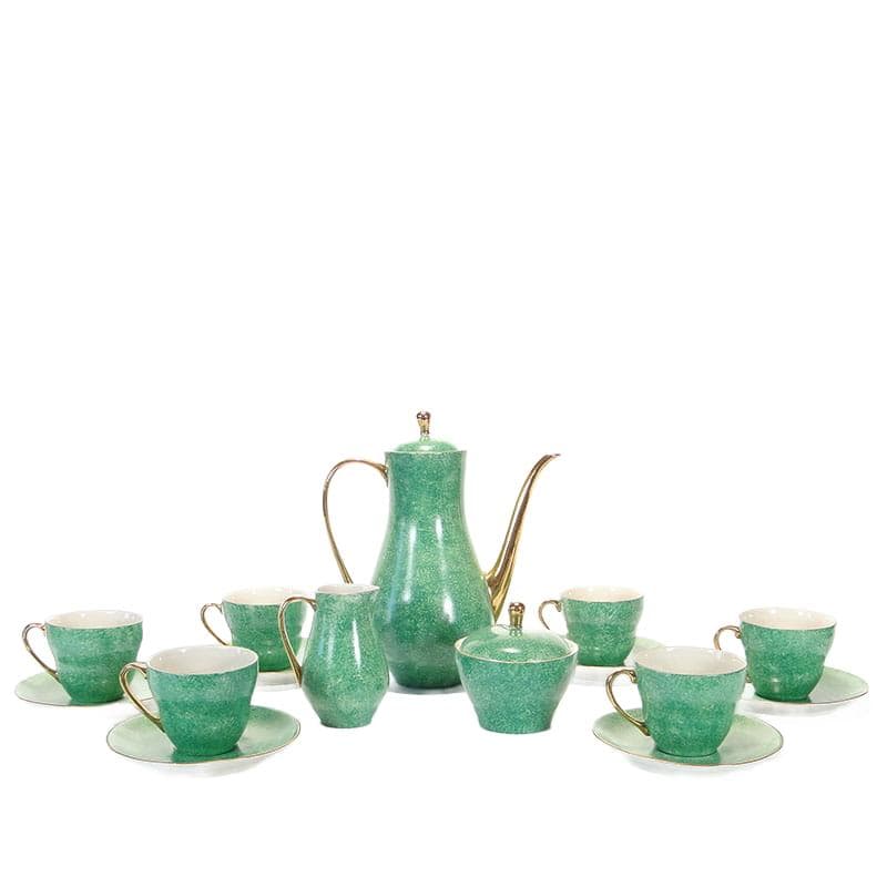 Coffee set Sonia, green white gold, porcelain, by W. Gołajewska, Pruszków, Poland, 1960s.