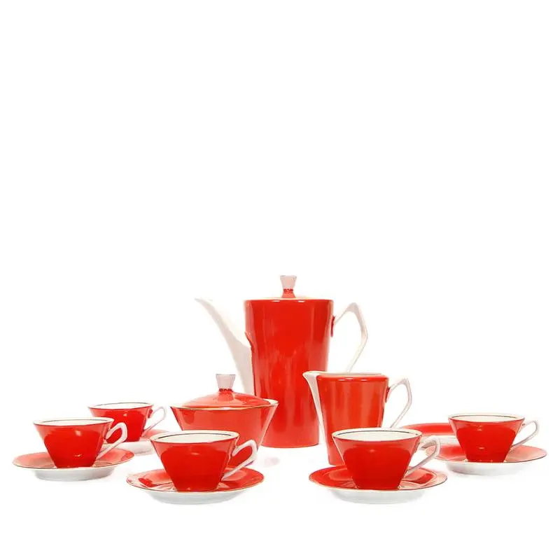 Mocha set Elżbieta, red white gold porcelain, by W. Górski, Poland, 1950s