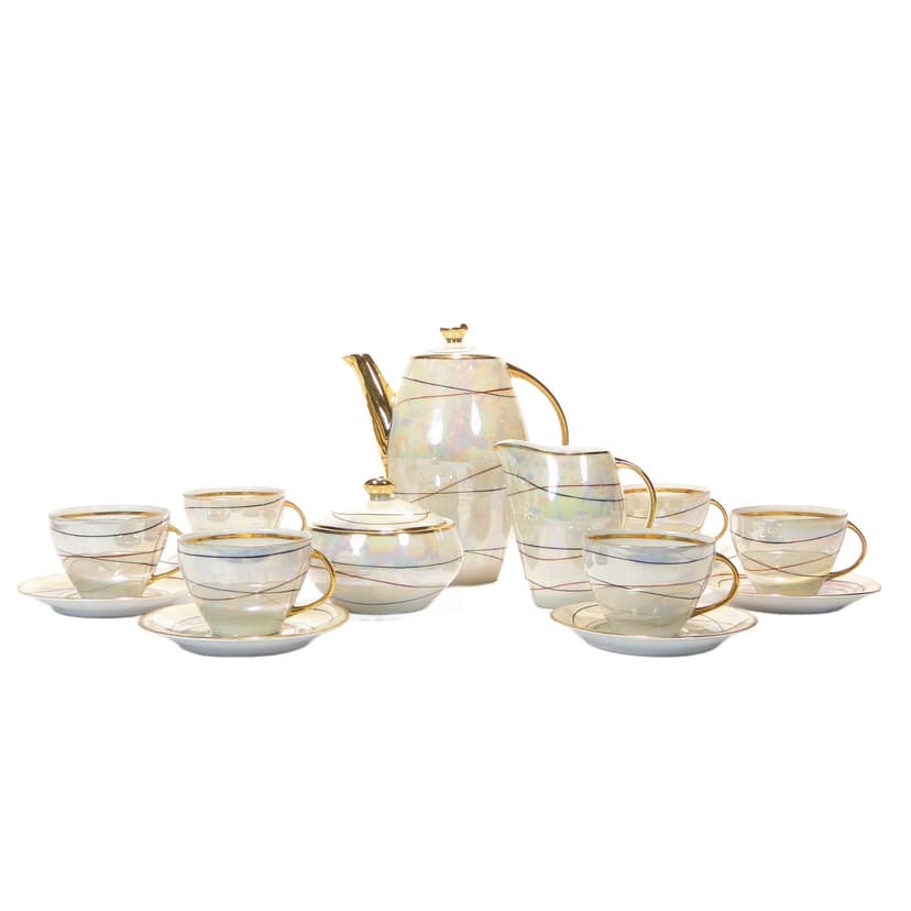 Mocha set Joanna, white porcelain, gilded, by W. Potacki, Poland, 1960s.