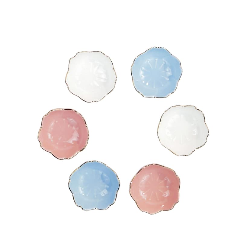 Set of Six Water Lily Bowls, white blue pink gold, porcelain, 1960s.
