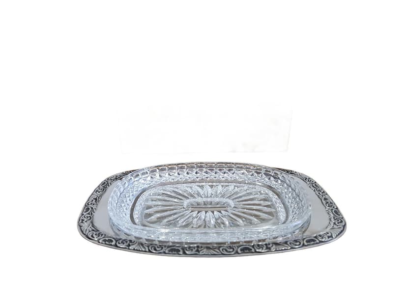 Serving dish Baroque, silver stainless steel, clear crystal, WMF, Germany, 1960s.