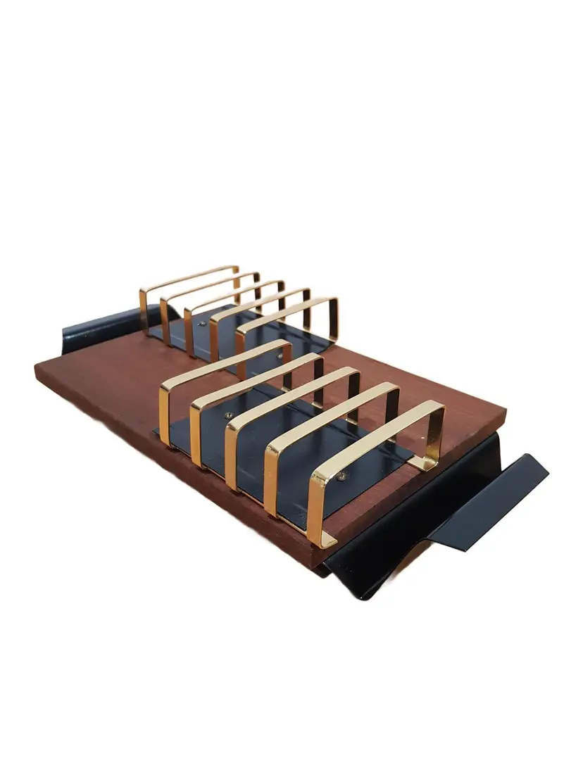 Toast rack, brown teak, golden brass, black metal, Denmark, 1960s.