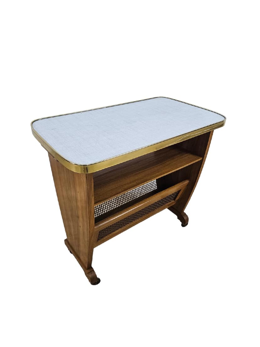 Side Table with Magazine Rack, brown wood, beige rattan, Germany, 1960s.