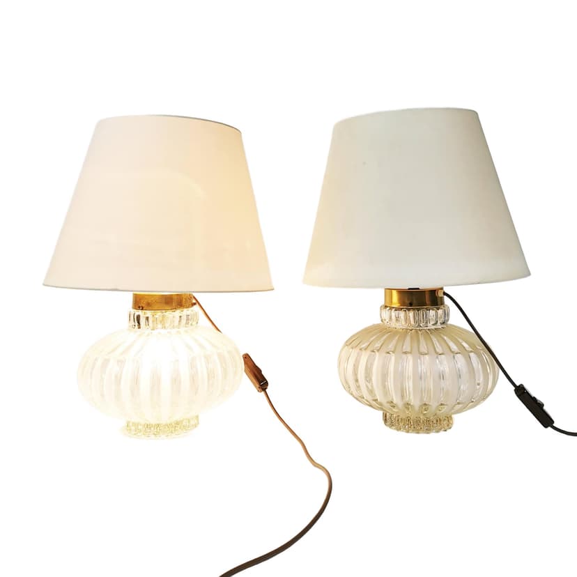 Pair of table lamps Art Deco, transparent glass, golden brass, white fabric, Germany, 1960s.