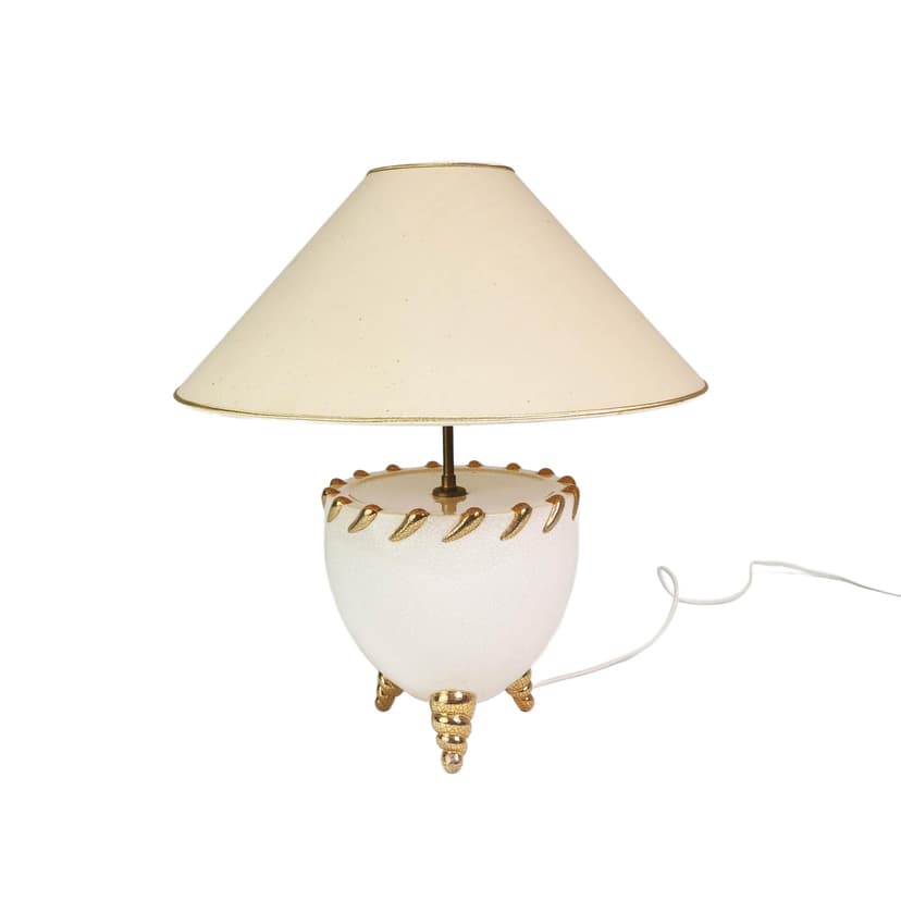 Table Lamp Kostka, white ceramic, cream fabric, gold metal, France, 1960s