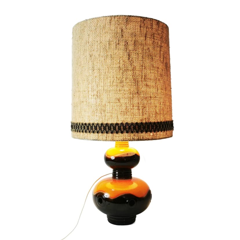 Table lamp, brown orange ceramic, beige black fabric, Germany, 1960s.