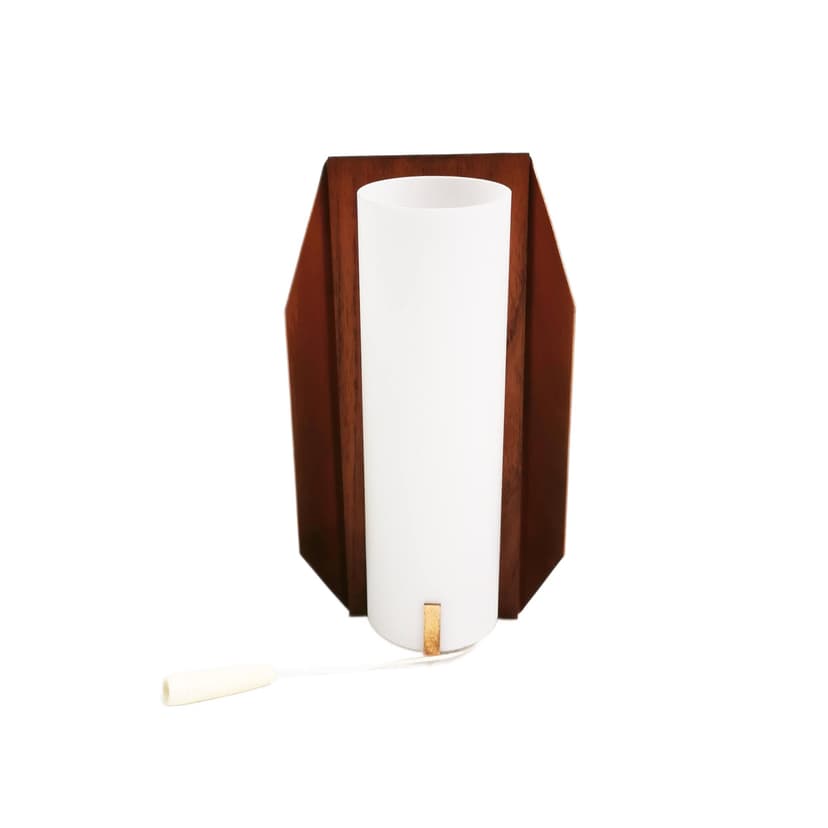 Wall lamp, brown teak, gold brass, white glass, Denmark, 1960s.