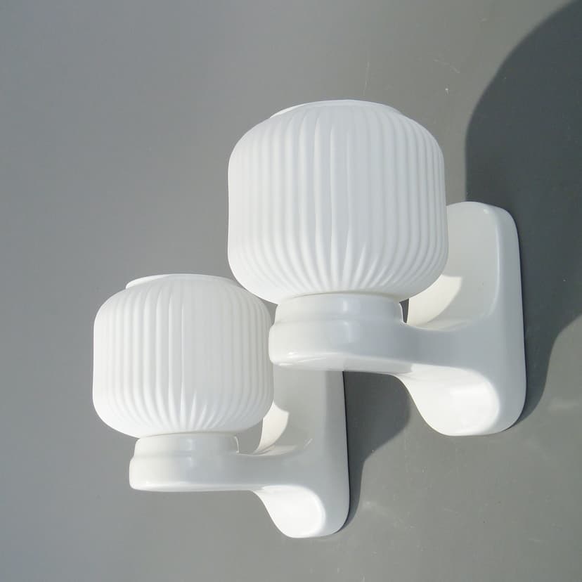 Pair of wall sconces, Art Deco, white ceramic, white glass, Poland, 1970s