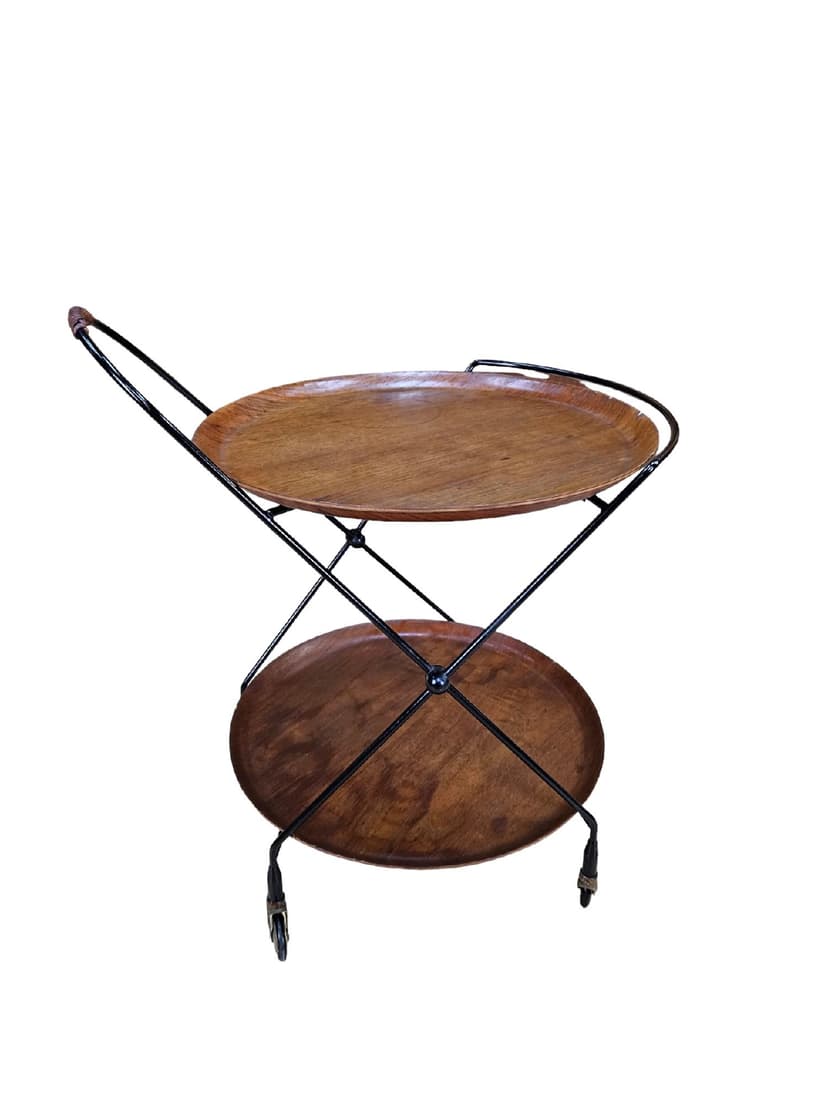 Bar cart Nybro, brown teak, black metal, Åry Fanérprodukter, Sweden, 1960s.