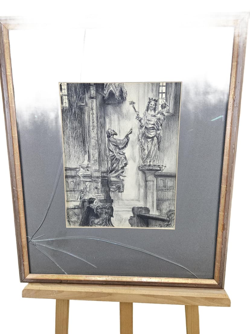 Rysunek Madonna in Dom zu Würzburg, czarny papier, rama drewno brązowy, art. P. Bach, Niemcy, początek XX w.