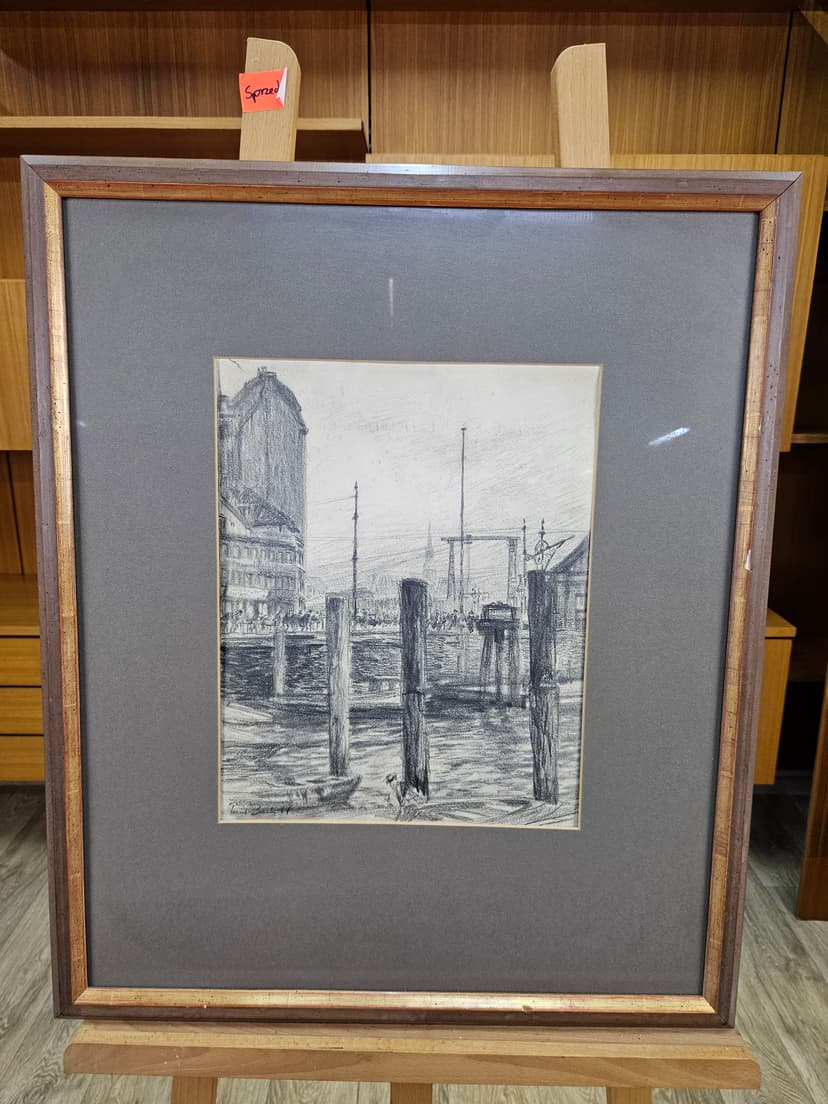 Drawing Zum Hamburg No. 8, black chalk, paper, by P. Bach, Germany, early 20th c.