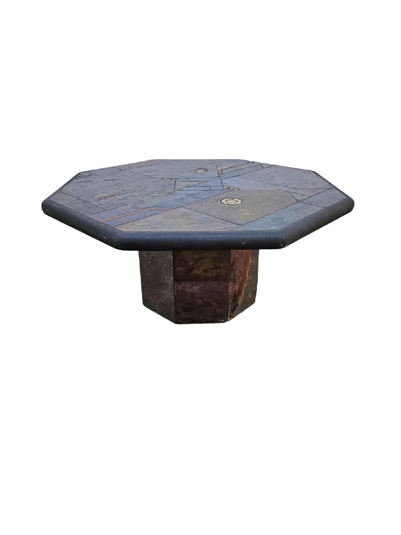 Octagonal coffee table, grey stone, golden brass, orange copper, by P. Kingma, Netherlands, 1980s.