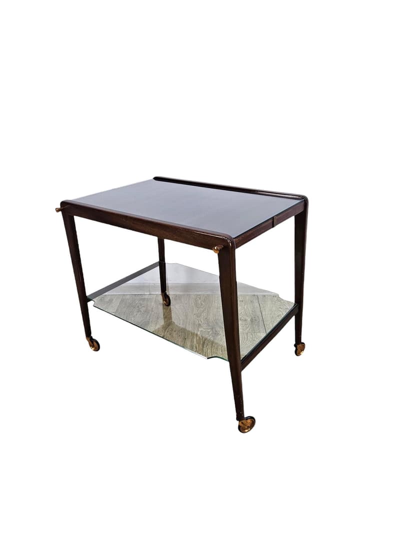 Bar cart, brown wood, glass, France, 1960s
