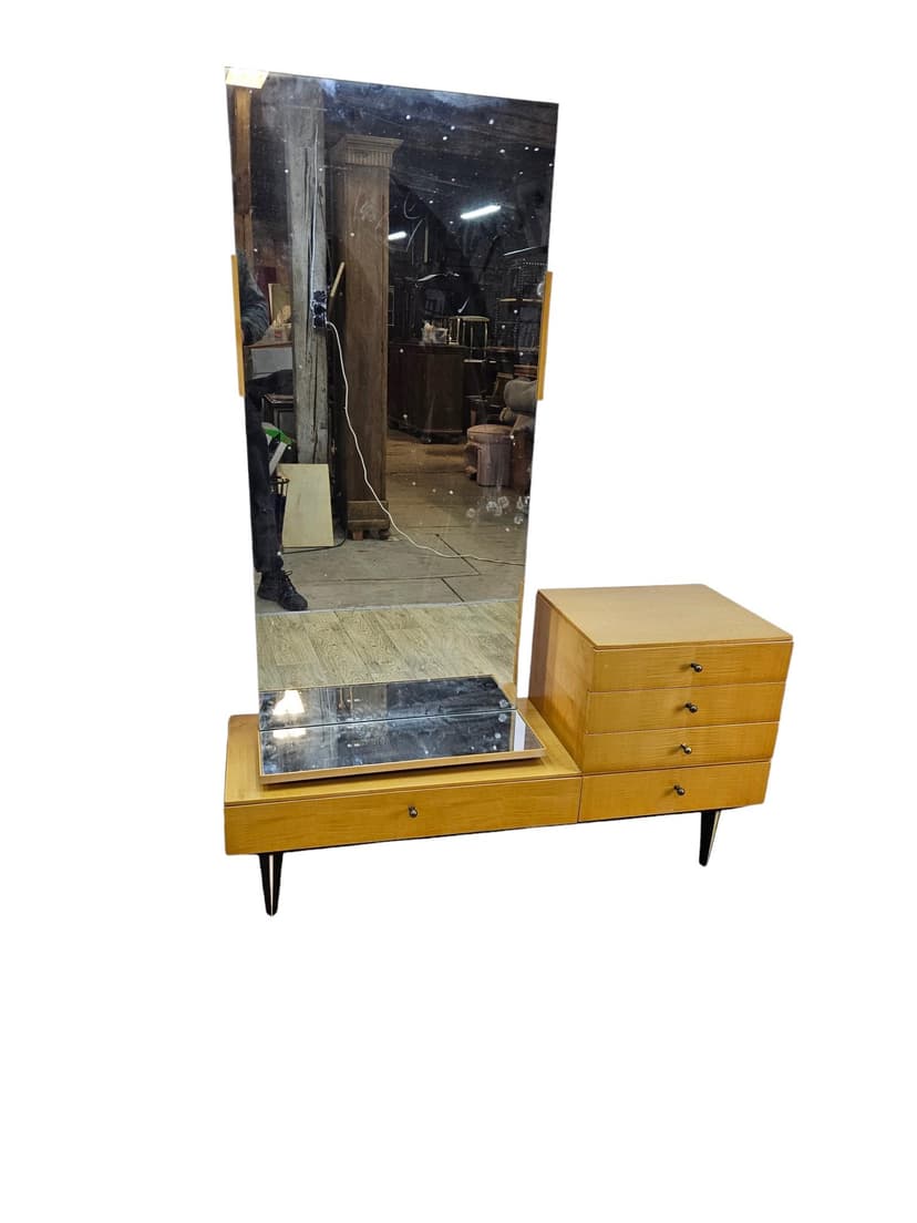 Dressing Table, light birch, dark brown wood, glass, Germany, 1960s.