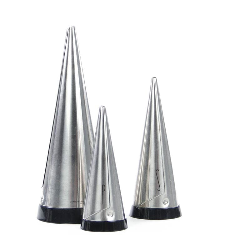 Set of Three Spice Containers, stainless steel silver, plastic black, by P. Forssell, Sweden, 2000s