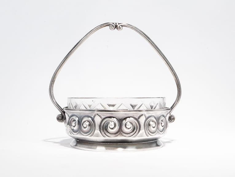 Art Nouveau Basket, matte silver, brass, glass, Poland, early 20th century