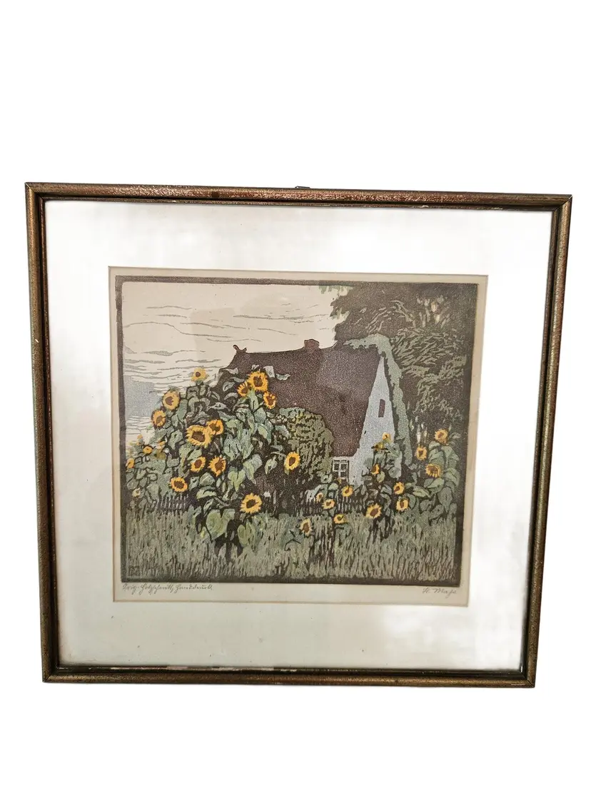 Lithograph, brown green yellow beige grey, paper wood, by H. Majs, United Kingdom, 1940s.