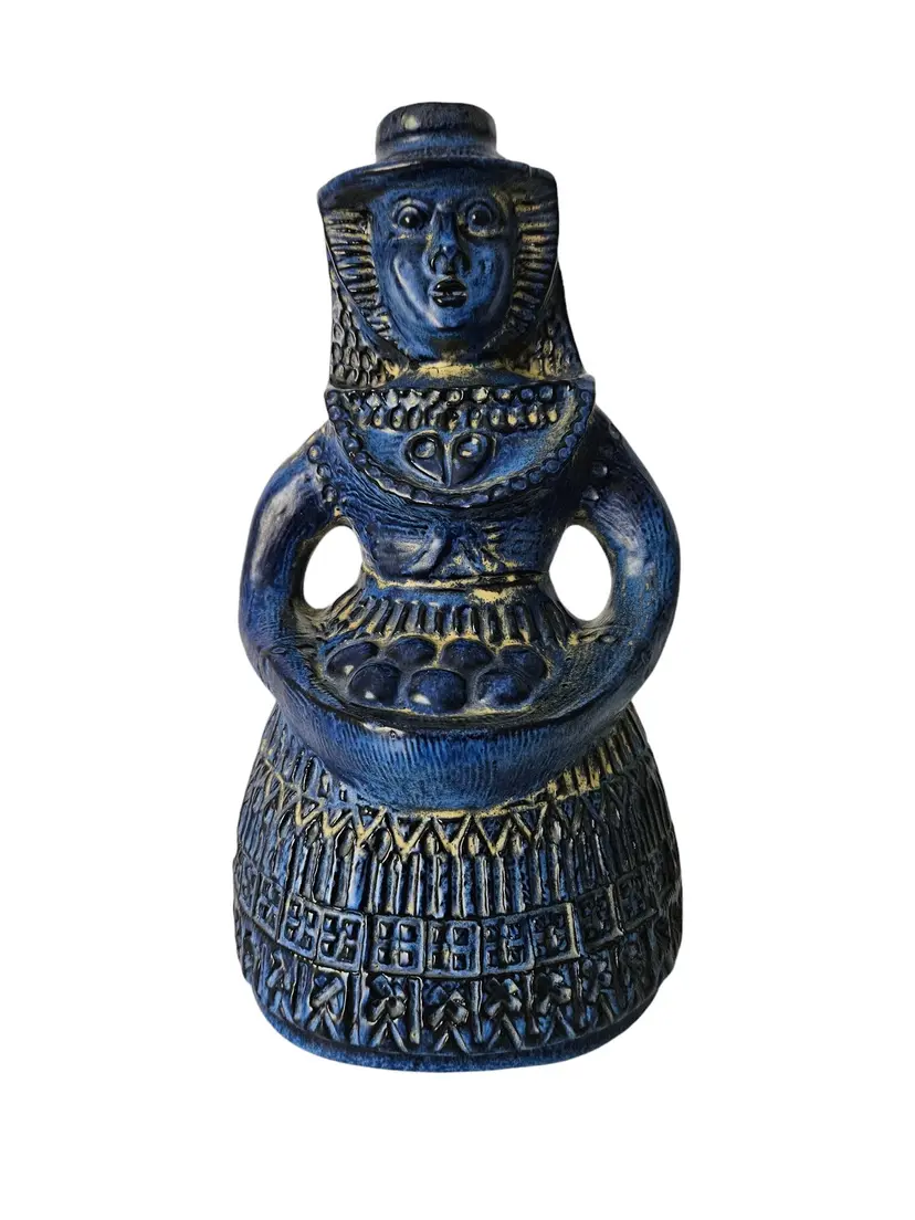 Figurine Woman with Fruit Basket, blue ceramic, Bay Keramik, Germany, 1960s.
