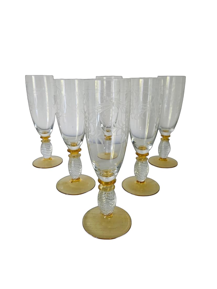 Set of six champagne glasses Pieroth Römer Exclusiv, clear and gold crystal, Theresienthal, Germany, 1970s.