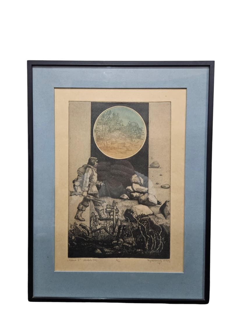 Etching Wędrowiec III, 53.5x40 cm, black grey brown white blue green yellow beige paper, by K. Wieczorek, Poland, 1970s.