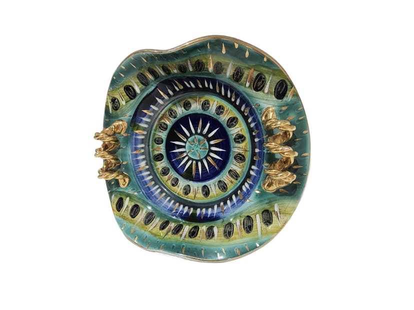 Centerpiece, H. Bequet Quaregnon, blue green yellow white black gold ceramic, Belgium, 1950s