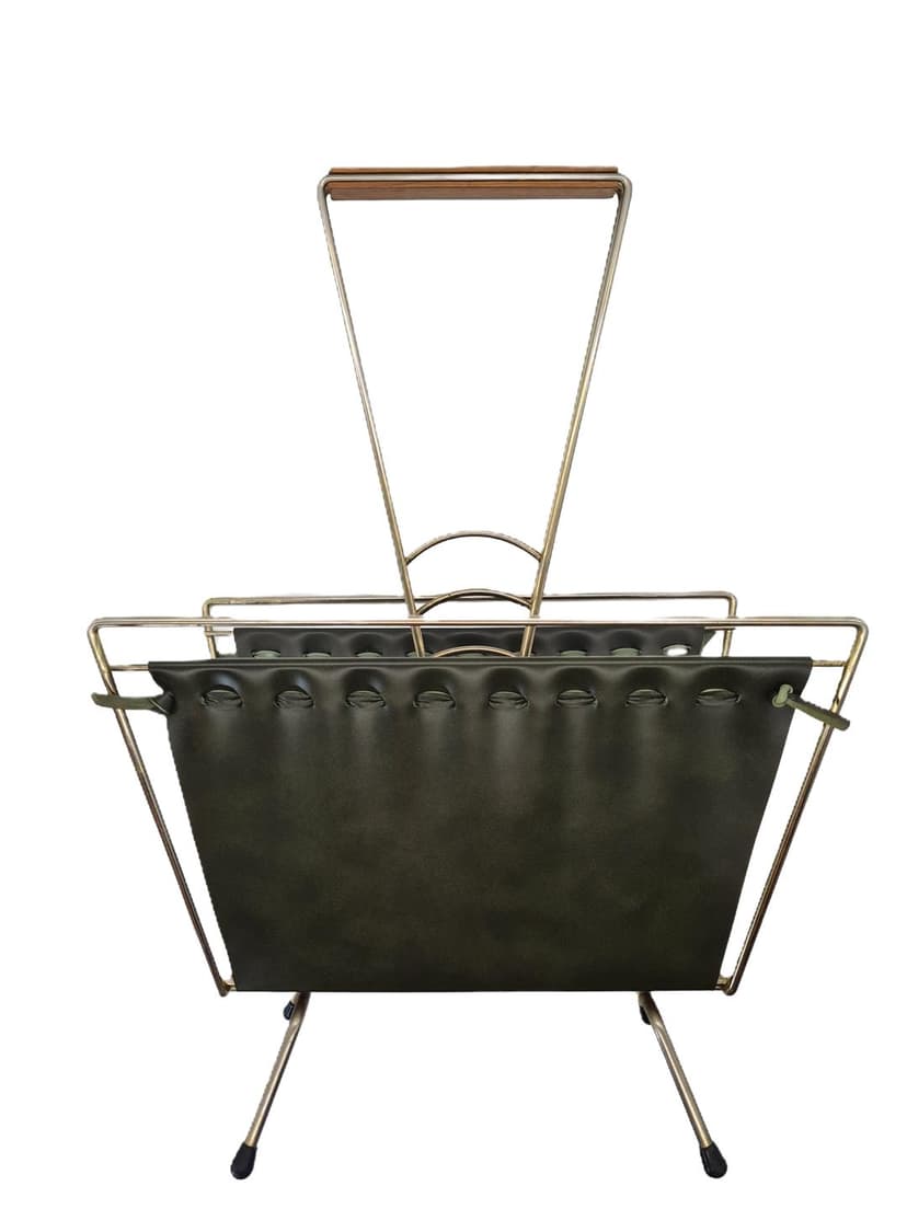 Magazine Rack Mid-Century Modern, silver chromed steel, brown wood, green vinyl, Germany, 1970s.