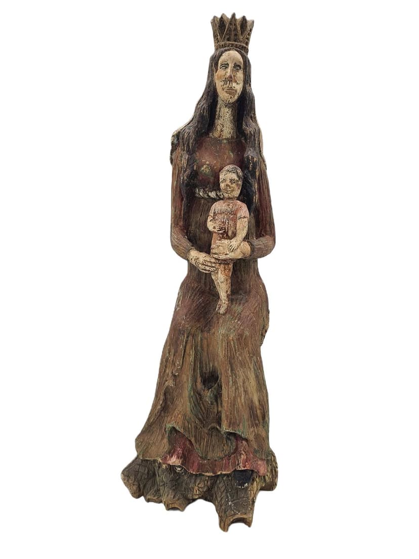 Sculpture Madonna and Child, brown polychrome, brown linden wood, Poland, 1930s.