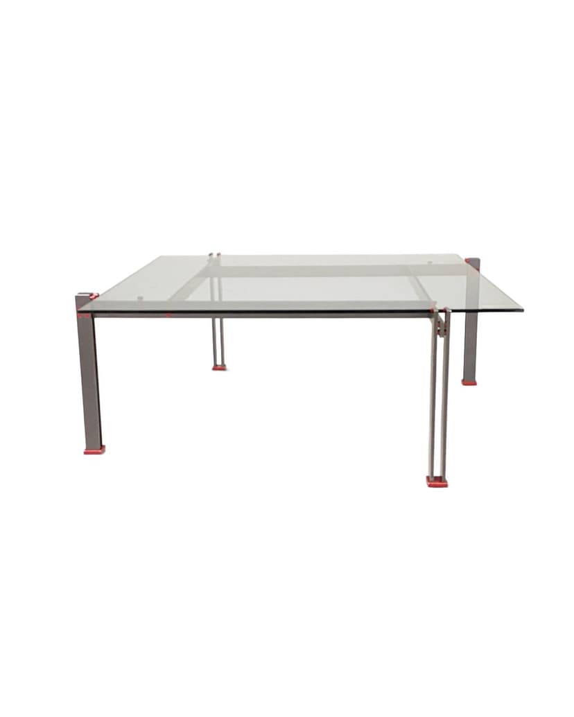 Coffee table Postmodern, transparent glass, grey red metal, Italy, 1980s.