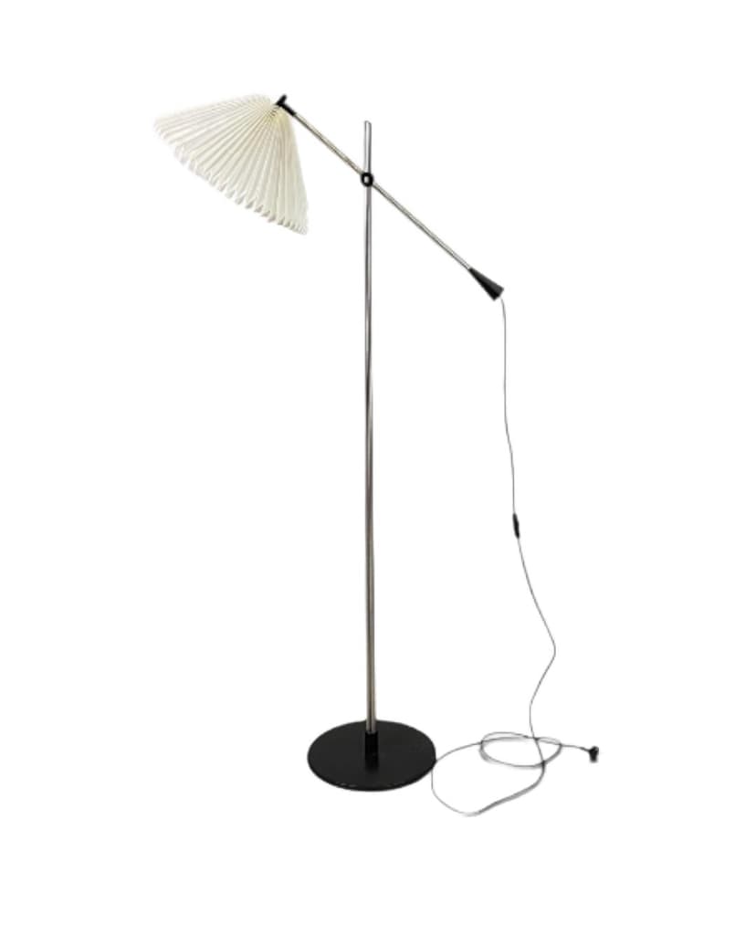 Floor lamp Model 323, silver chromed steel, white plastic, by C. Hvidt, Le Klint, Denmark, 1970s.