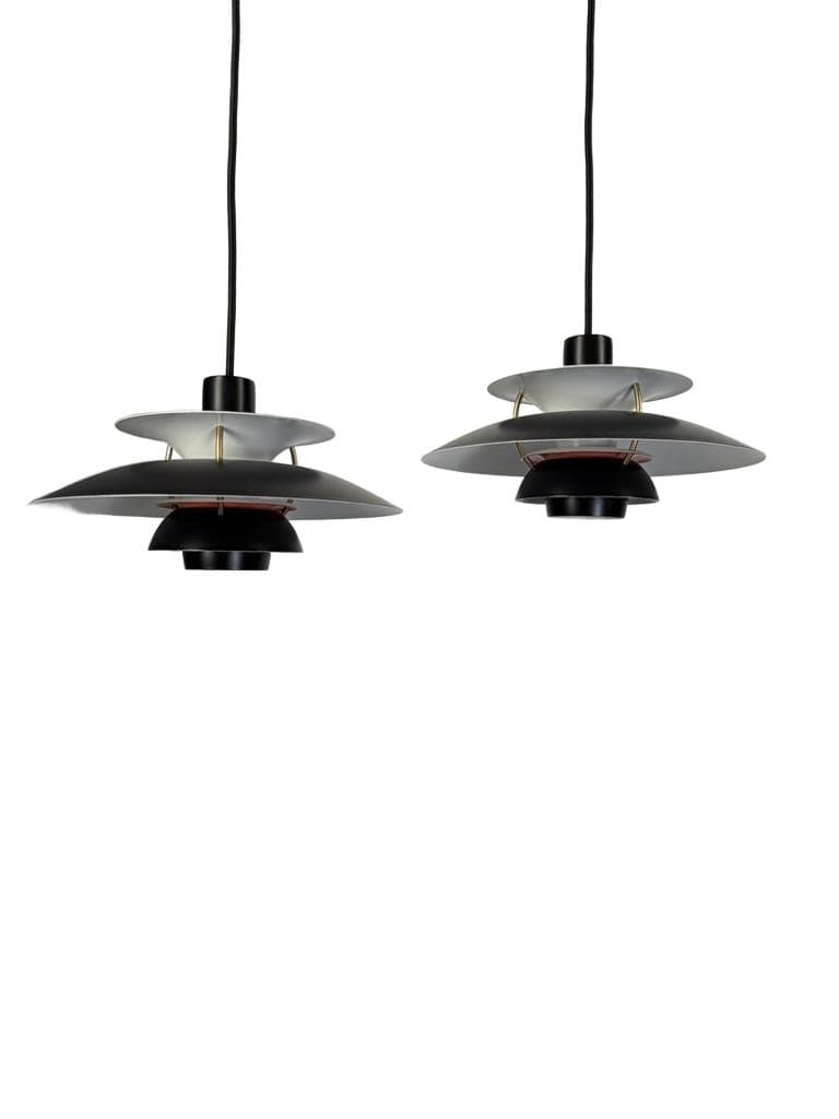 Pair of pendant lamps PH 5 Mini, black white gold red, metal, by P. Henningsen, Louis Poulsen, Denmark