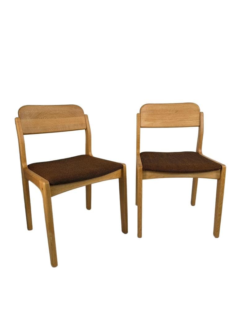 Pair of chairs, light oak, brown fabric, by H. Kjaernulf, Denmark, 1960s.