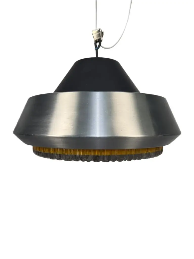 Pendant lamp Space Age, brushed silver aluminum, amber glass, Denmark, 1970s.