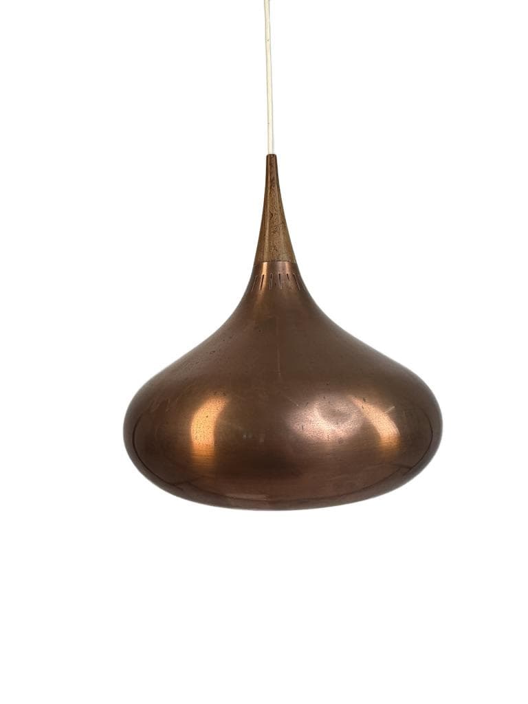 Pendant lamp Orient, brown copper, brown wood, by J. Hammerborg, Fog & Mørup, Denmark, 1960s.
