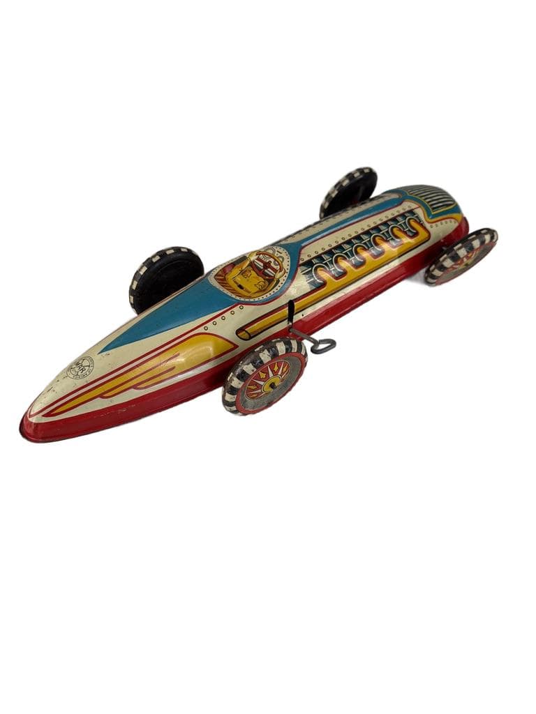 Racing car Boat Tail Racer, beige red blue yellow black white, metal, United States, 1930s.