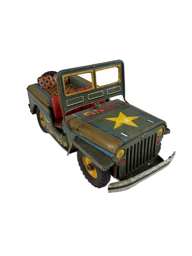 Toy King Jeep Willys WWII Military, green yellow red black silver blue, metal, Japan, 1960s.