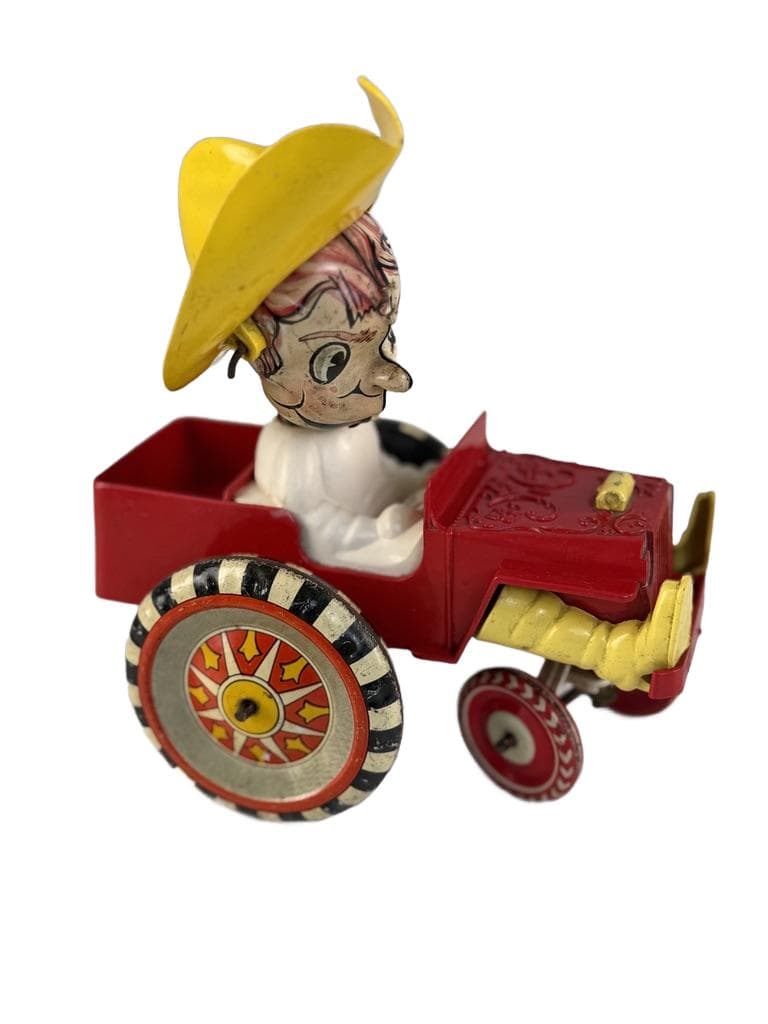 Mechanical toy Sheriff Sam / Whoopee Car, red yellow white black, metal, Louis Marx & Company, USA, 1930s.