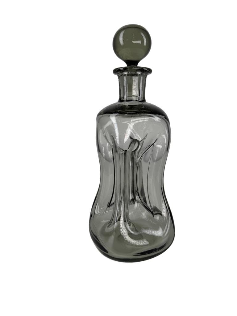Decanter Kluk Kluk, grey transparent glass, Holmegaard, Denmark, 1970s.