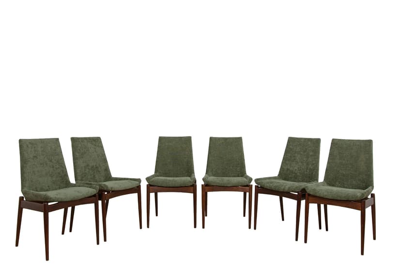 set of six chairs Hamilton, green fabric, brown teak, by R. Heritage, for Archie Shine, United Kingdom, 1960s