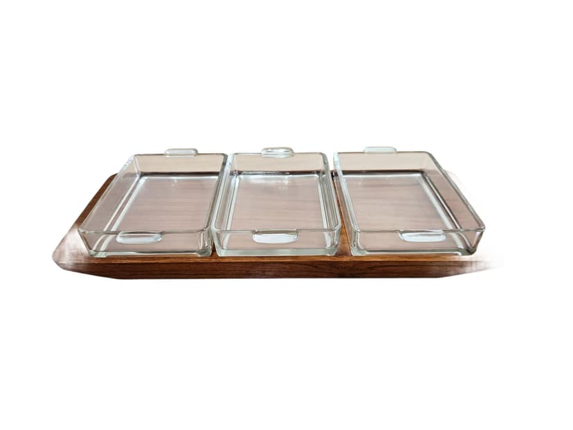 Serving set, ARTIFORM Siam, brown teak, clear glass, Denmark, 1960s.