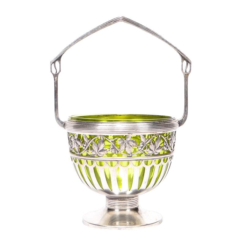 Sugar Bowl, Art Nouveau, silver brass, green crystal, WMF, Germany, early 20th century