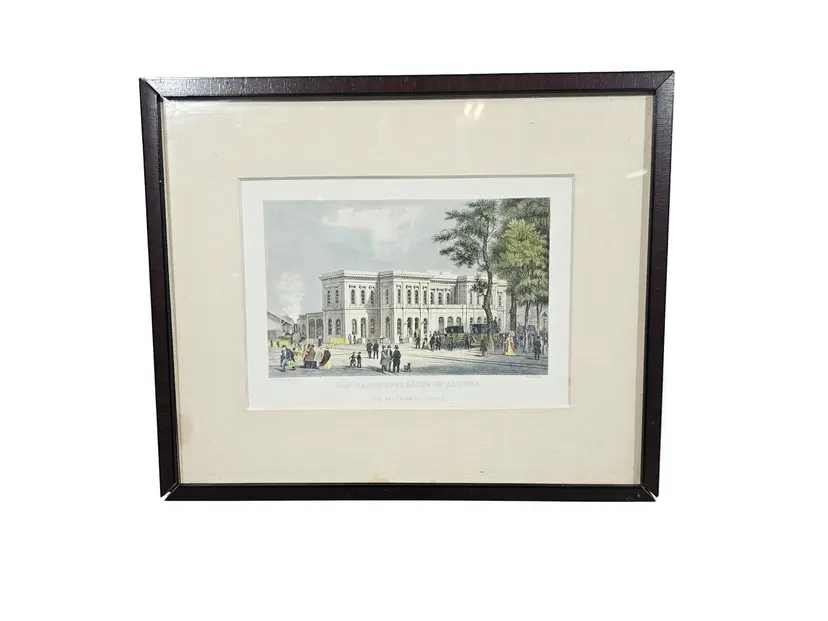 Graphic Hamburg Altona 25x29.5 cm, paper, brown wood, glass, by J. Gray, Germany, 1970s.