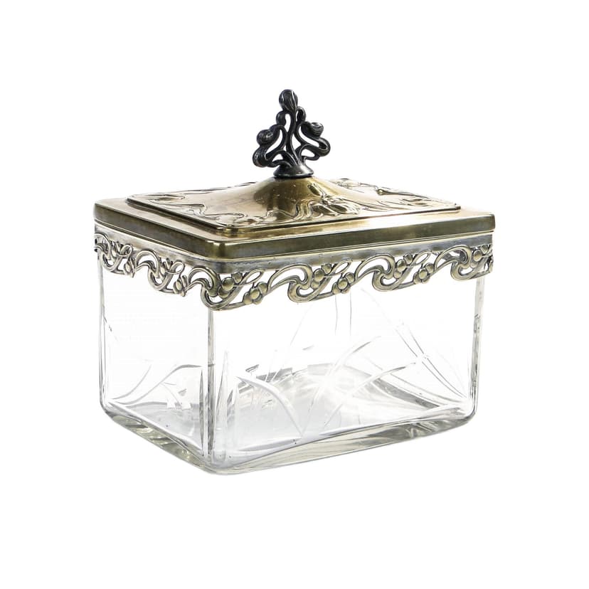 Biscuit box Art Nouveau, clear crystal, brass gold, silver, by A. Mayer, WMF, Germany, early 20th c.