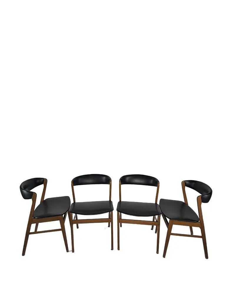 Set of four Scandinavian chairs, brown wood, black faux leather, Denmark, 1960s.