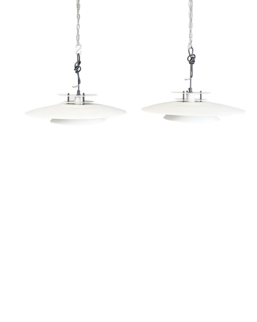 Pair of pendant lamps Laterna Danica Ø50 cm, white metal, by J. Buchwald, Nordlux, Denmark, 1970s.