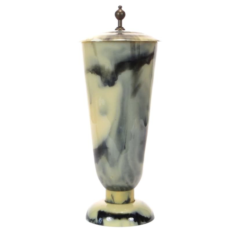 Marbled cup, white grey black bakelite, gold brass, Poland, 1950s